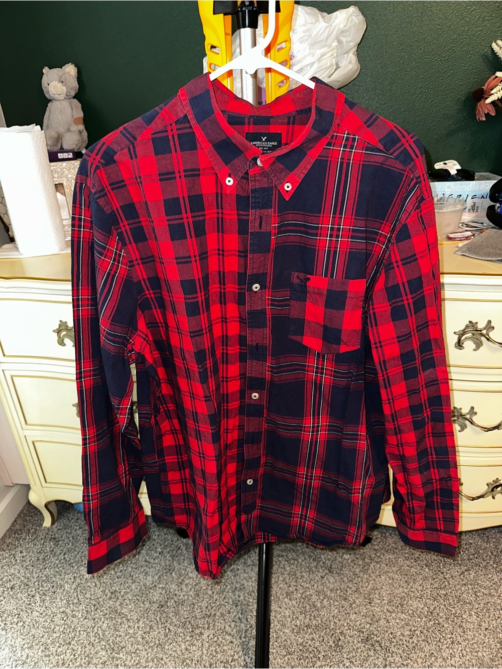 American Eagles Men's Red and Navy Plaid Button-Down Shirt